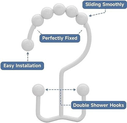 Titanker Shower Curtain Hooks Rings, Rust Resistant Metal Double Glide Shower Hooks for Bathroom Shower Rods Curtains, Set of 12 Hooks - White