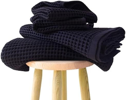 PÜSKÜL Natural 100% Turkish Cotton Waffle Towels Set of 4-Piece, Black