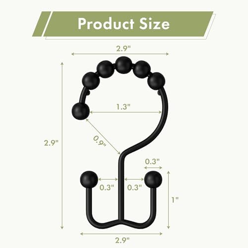 Amazer Shower Curtain Rings, Rust-Resistant Metal Double Shower Hooks for Curtain Rolling Shower Curtain Hooks Rings Shower Rings for Bathroom Shower Curtain Rod, Matte Black, Set of 12 Rings