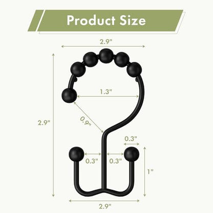 Amazer Shower Curtain Rings, Rust-Resistant Metal Double Shower Hooks for Curtain Rolling Shower Curtain Hooks Rings Shower Rings for Bathroom Shower Curtain Rod, Matte Black, Set of 12 Rings