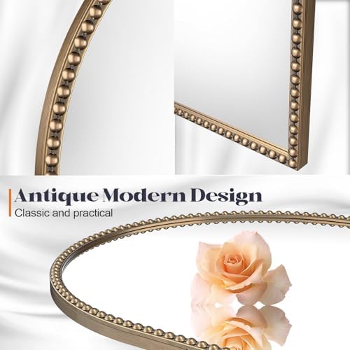 Beaded Arched Mirror for Wall, 22"x30" Gold Arch Bathroom Vanity Mirror, Retro Brass Metal Frame Decorative Mirror for Bedroom Dressing Room Entryway Fireplace