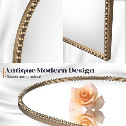 Beaded Arched Mirror for Wall, 22"x30" Gold Arch Bathroom Vanity Mirror, Retro Brass Metal Frame Decorative Mirror for Bedroom Dressing Room Entryway Fireplace