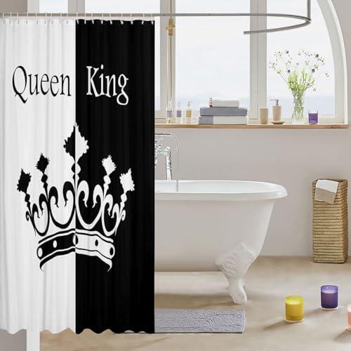 Crown Queen And King Curtains,His And Hers Matching Couple Bathroom Waterproof Accessories with 12 Hooks for Girls Boys Teens, Romantic Valentine'S Day Black And Red Fabric Shower Curtain,72x72 Inches