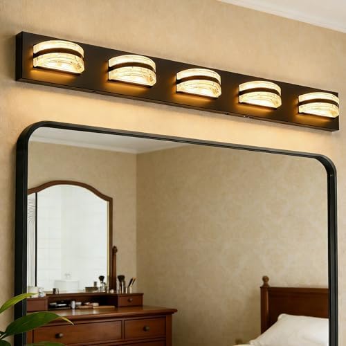 LED Bathroom Vanity Light, 360°Rotatable, 2560LM 5 Light, Black Modern Matte Bathroom Lighting Fixtures, Over Mirror Vanity Lights for Bedroom, Living Room ETL Certified