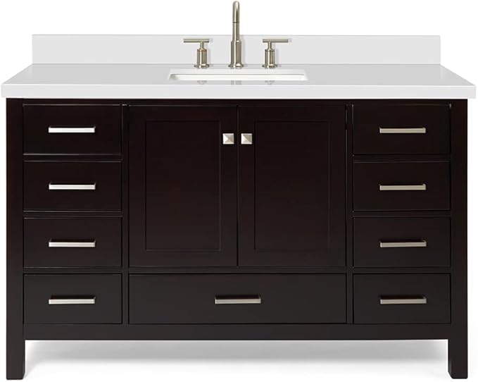 ARIEL Cambridge 54-inch Bathroom Vanity with Sink,Solid Wood, 1.5-inch Pure White Quartz Countertop, Single Rectangular Porcelain Sink, 2 Soft Closing Doors, 9 Dovetail Drawers, Espresso