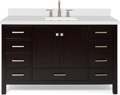 ARIEL Cambridge 54-inch Bathroom Vanity with Sink,Solid Wood, 1.5-inch Pure White Quartz Countertop, Single Rectangular Porcelain Sink, 2 Soft Closing Doors, 9 Dovetail Drawers, Espresso