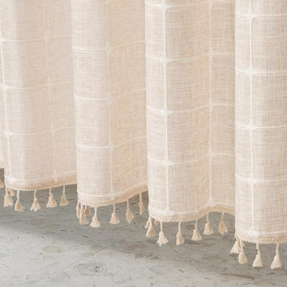 MitoVilla No Hooks Needed Boho Farmhouse Shower Curtain with Snap-in Liner, Cotton Linen Fabric Shower Curtains with Tassels for Rustic Neutral Bathroom Decor, Beige/Cream, 72 x 74