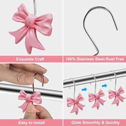 Bow Knot Decorative Shower Curtain Hooks, 12pcs Pink Cute Art Deco Resin Rust Resistant Hooks Glide Shower Ring Hangs Holder Bling for Girl Bathroom Baby Room Nursery