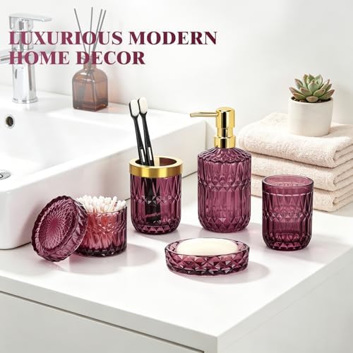 Bathroom Accessories Set, 5Pcs Bathroom Soap Dispenser Set, Glass Bathroom Accessories with Glass Soap Dispenser, Soap Dish, Toothbrush Holder, Tumbler, Cotton Swab Jar (Red)