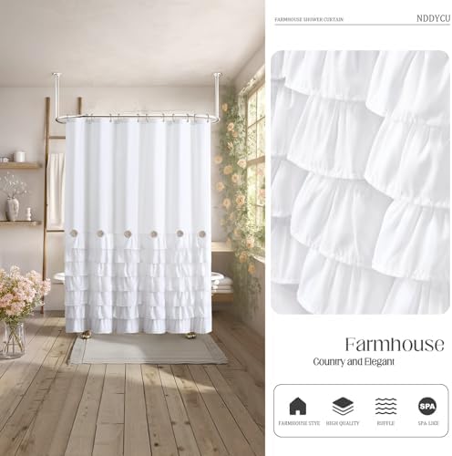 Ruffle Farmhouse Shower Curtain, White Vintage Shower Curtains for Bathroom Fabric Cute Rustic Cloth, 72" W X 84" L Inch