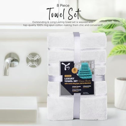 Luxury Towels for Bathroom Set of 8-2 Bath Towels 2 Hand Towels 4 Washcloths - 600 GSM 100% Cotton Ring Spun Viscose Border Towels Set - White
