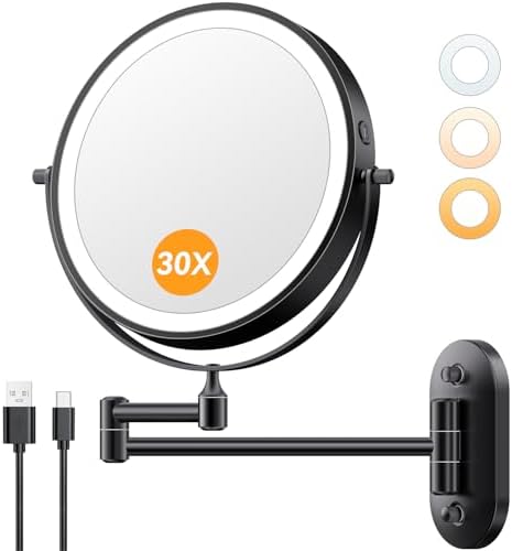 Auxmir 1X/30X Wall Mounted Makeup Mirror, 8" Rechargeable Magnifying Mirror