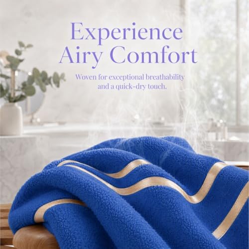6-PCS Coral Fleece Microfiber Towel Set with Gold Stripes, Super Absorbent, Multiple Colors Available for Home, Bathroom, Hotel & Gym (6, Dark Blue)
