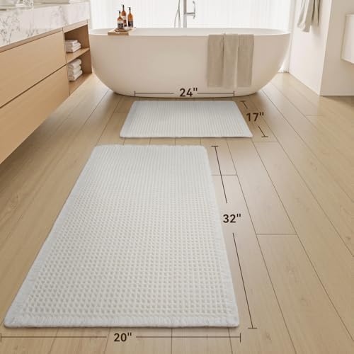 Upgraded Waffle Bath Mat Set of 2 Absorbent Bathroom Mat 17"x24" + 20"x32"