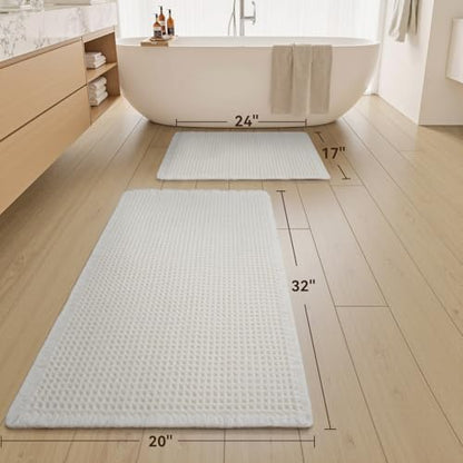 Upgraded Waffle Bath Mat Set of 2 Absorbent Bathroom Mat 17"x24" + 20"x32"