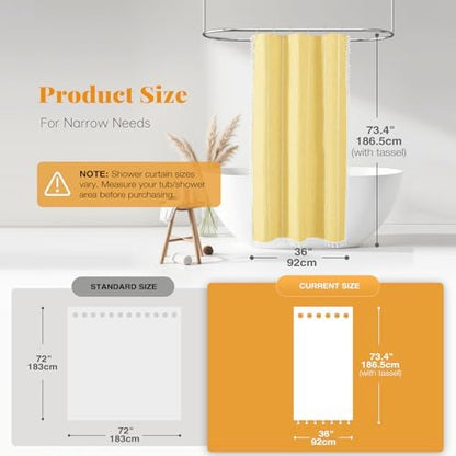 BTTN Small Boho Linen Heavy Duty Cloth Shower Curtain Set, 36x72, Yellow
