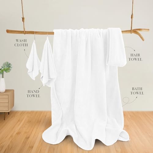 Soft Bath Towel Set of 4, Extra Large Microfiber Towels 35x70 in, Bath Towel Hand Towel Hair Towel Washcloths Set, Quick Dry, Highly Absorbent, for Bathroom Shower Pool Hotel Beach (White, 4 Piece)