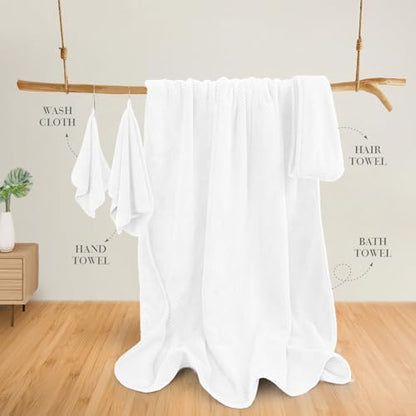 Soft Bath Towel Set of 4, Extra Large Microfiber Towels 35x70 in, Bath Towel Hand Towel Hair Towel Washcloths Set, Quick Dry, Highly Absorbent, for Bathroom Shower Pool Hotel Beach (White, 4 Piece)
