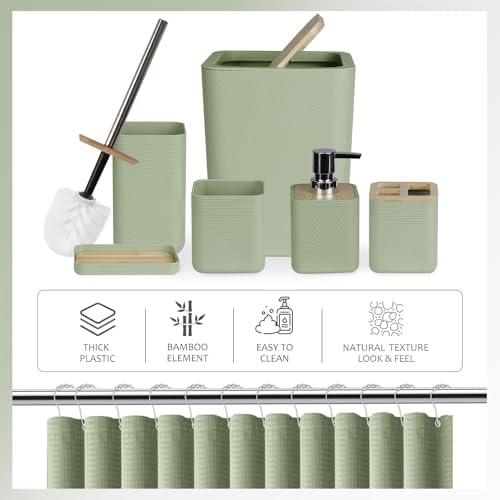 CERBIOR Bamboo Bathroom Accessory Set with Shower Curtain,Green,20PCS