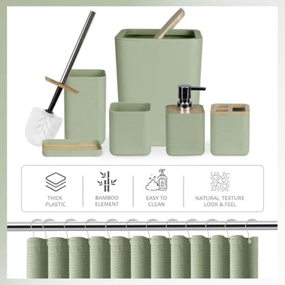 CERBIOR Bamboo Bathroom Accessory Set with Shower Curtain,Green,20PCS