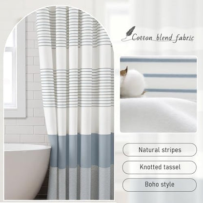 Blue Coastal Ocean Cotton Striped Shower Curtain with Tassel 72"W X 78"L