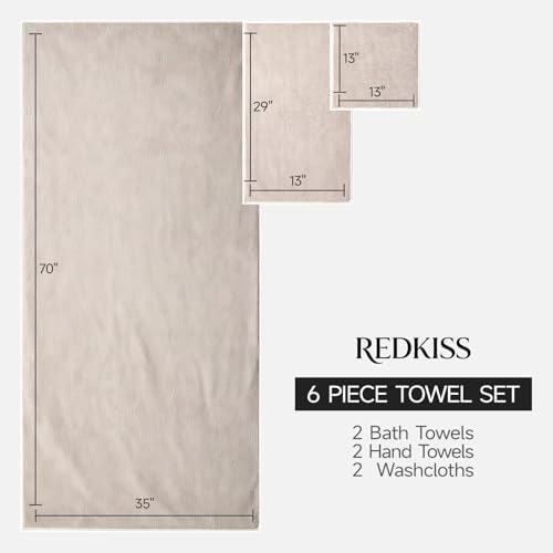REDKISS Pack of 6 Towel Set - 2 Extra Large Bath, 2 Hand, 2 Washcloths, Ultra Soft & Highly Absorbent, Quicker to Dry, Beige Towels for Bathroom, Spa, Hotel, Gym
