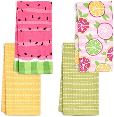 Ritz 4-Piece Kitchen Towel Set, Citrus Fruit & Watermelon Stripe Prints with Yellow & Lime Green Textured Terry, 100% Cotton & Absorbent Blend, 16" x 26", Bright Summer Fruit Kitchen Decor