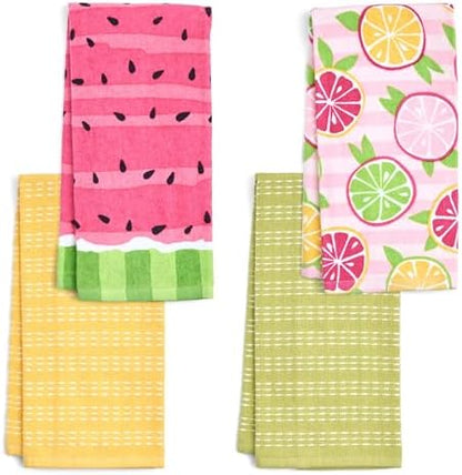Ritz 4-Piece Kitchen Towel Set, Citrus Fruit & Watermelon Stripe Prints with Yellow & Lime Green Textured Terry, 100% Cotton & Absorbent Blend, 16" x 26", Bright Summer Fruit Kitchen Decor