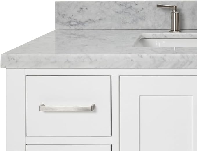 ARIEL Cambridge 42-inch Bathroom Vanity with Sink,Solid Wood, 1.5-inch Italian Carrara Marble Countertop, Single Rectangular Porcelain Sink, 2 Soft Closing Doors, 9 Dovetail Drawers, White