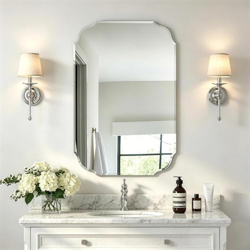 36"x 24" Frameless Beveled Wall Mirror Silver Scalloped Edge Vanity Mirror for Bathroom, Bedroom, Entryway, Modern Rectangle Wall Mounted Decorative Mirror with Shatter-Resistant Glass