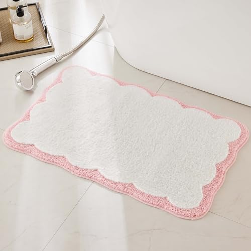 Luxury Microfiber Bathroom Rugs, White Bath Rug with Pink Scalloped Piping Cute Aesthetic Bath Mat for Bathroom, Tub, Floor Carpet, Sink, Shower, Anti Slip, Extra Soft, Absorbent, 26x16