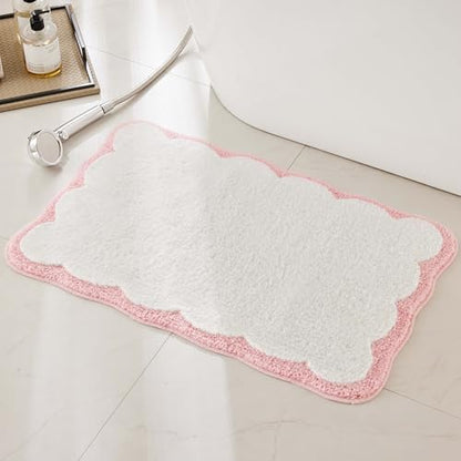 Luxury Microfiber Bathroom Rugs, White Bath Rug with Pink Scalloped Piping Cute Aesthetic Bath Mat for Bathroom, Tub, Floor Carpet, Sink, Shower, Anti Slip, Extra Soft, Absorbent, 26x16