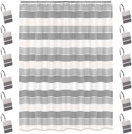 Zahari Home 13pc Modern Line Shower Curtain Set - Gray Luxury Contemporary Shower Curtains with Unique Design & 12 Hooks