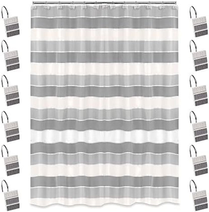 Zahari Home 13pc Modern Line Shower Curtain Set - Gray Luxury Contemporary Shower Curtains with Unique Design & 12 Hooks