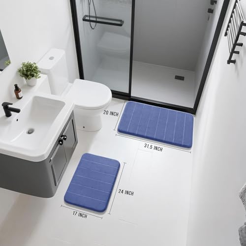 Yimobra Memory Foam Bathroom Mat Set, 31.5 x 20 & 24 x 17 in, Navy Blue