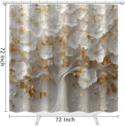 Moonslim White Gold Floral Tree Shower Curtain, Modern Aesthetic Elegant Bathroom Decor Waterproof Polyester Fabric Bath Curtain with Hooks 72x72 Inch