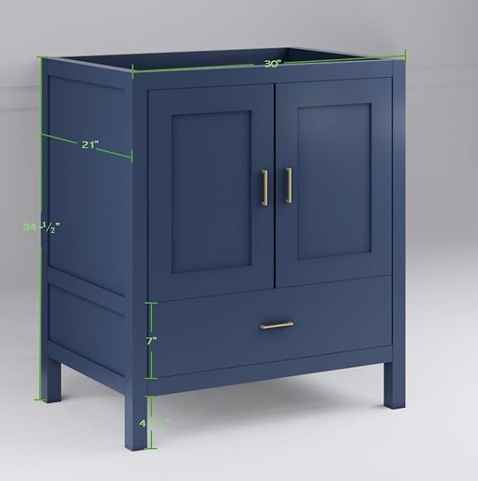 30" Blue Bathroom Vanity Base Only – Freestanding Solid Wood Sink Cabinet with Bottom Drawer, Shaker Style Storage, No Top or Sink, 30" W x 21" D x 34.5" H