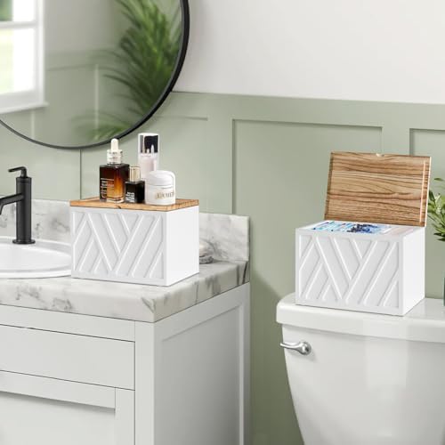 Jorkol 2 PCS White Tampon Holder for Bathroom Decor, Feminine Product Organizer with Lid, Shark Week Tampon Storage, Wood Pad and Tampon Organizer for Toilet Organizer, Bathroom Accessories Box