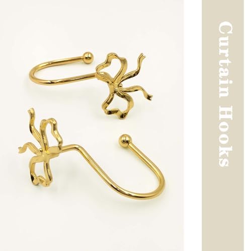 Gold Bow Shower Curtain Hooks, 12 Pack Coquette Bathroom Decor, Decorative Metal Rust Proof Shower Curtain Rings for Feminine, Vintage & Luxury Bathroom Aesthetic