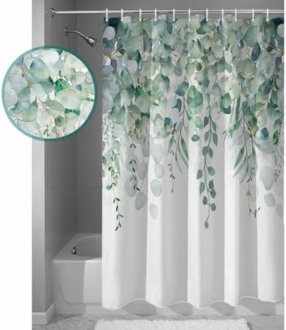 Shower Curtain Bathroom Set Green Eucalyptus Leaf on White Waterproof Shower Curtains with Grommets Hooks Fallen Leaves Watercolor Privacy Bath Curtain for Bathtub Decor 48x72in