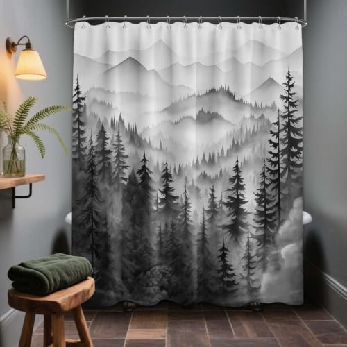 Black and White Forest Shower Curtain, 72x72 in, Mens Mountain Nature