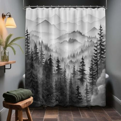 Black and White Forest Shower Curtain, 72x72 in, Mens Mountain Nature