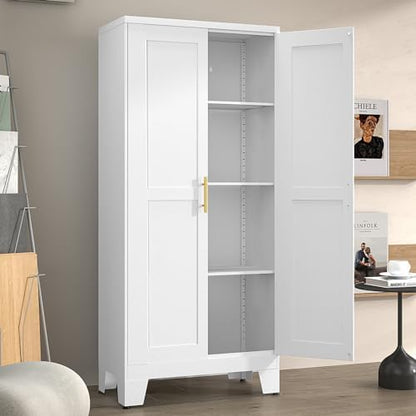 Winiowa Metal Pantry Cabinet with 2 Doors and Adjustable Shelves - 61" Kitchen Storage Cabinet with Gold Handles - Versatile Storage for Kitchen, Bathroom, Dining Room, Utility Room - White