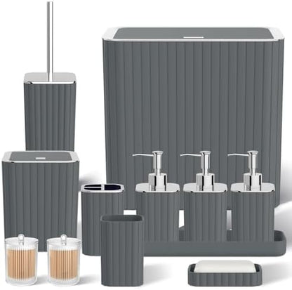 Bathroom Accessory Set - Bathroom Set, 12PC Bathroom Accessories Set, Grey Bathroom Accessories Set, Mini Trash Can, Toilet Brush, Trash Can & Soap Dispenser