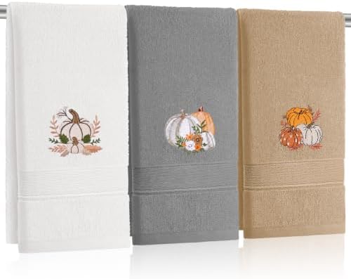 FuWeave 3 Pcs Gray Brown Fall Pumpkin Hand Towels for Bathroom