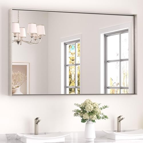 Keonjinn 48x30 Inch Nickel Bathroom Mirror for Over Sink, Rectangular