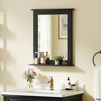 CHARMAID Bathroom Mirror with Shelf - 27" x 22.5" Wall Mirror Over Bathroom Sink, Wooden Frame Modern Rectangular Hanging Vanity Makeup Mirrors for Washroom, Entryway (Black,27" L x 22.5" W)