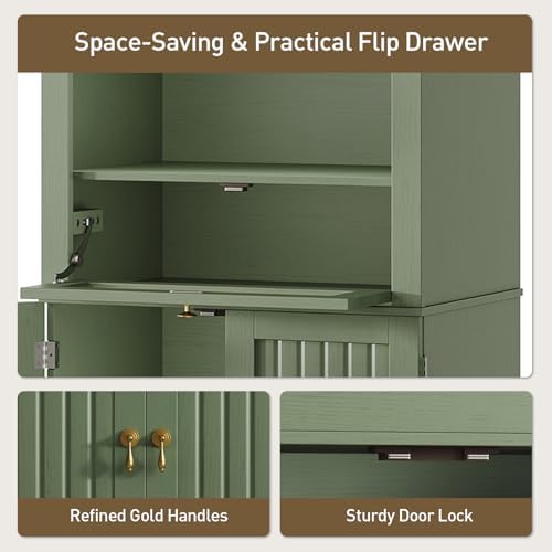 RALGEND 66" Tall Bathroom Cabinet Set of 2, Freestanding Cabinet with Doors & Shelves,Arched Cabinets for Bathroom, Living Room, Kitchen, Laundry, Green