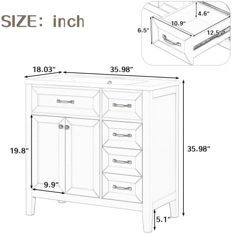 36 Inch Bathroom Vanities with Undermount Ceramic Sink, Storage Cabinet with Soft Closing Doors and Three Drawers, Solid Wood Frame, Black