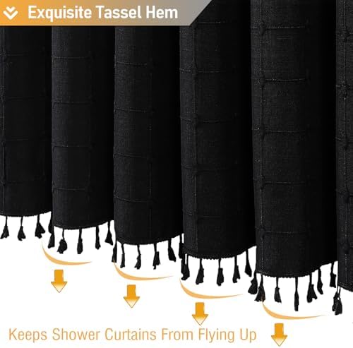 BTTN Black Boho Farmhouse Linen Heavy Duty Fabric Shower Curtain Set, 72x72